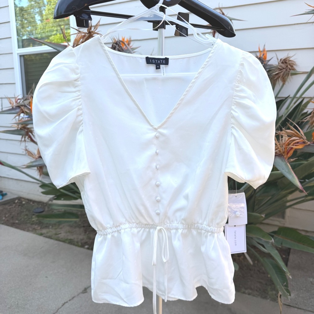 1.STATE Womens Ultra White Floral Jacquard Puff Sleeve Peplum Blouse Small NWT
